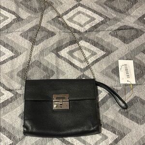 Ferragamo Black Leather Clutch Bag with off brand chain